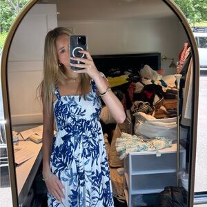 blue and white midi dress